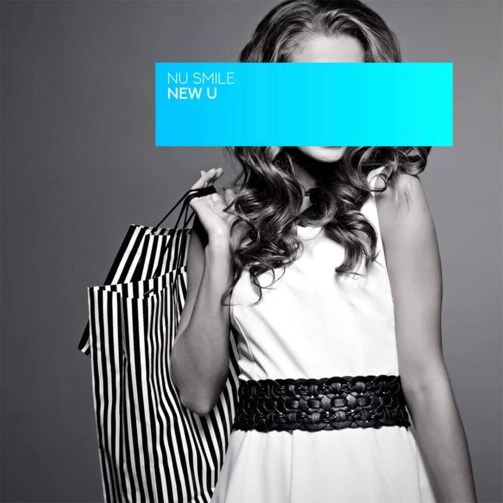 A black-and-white photo of a female model posing with bags, with a blue banner covering her face.